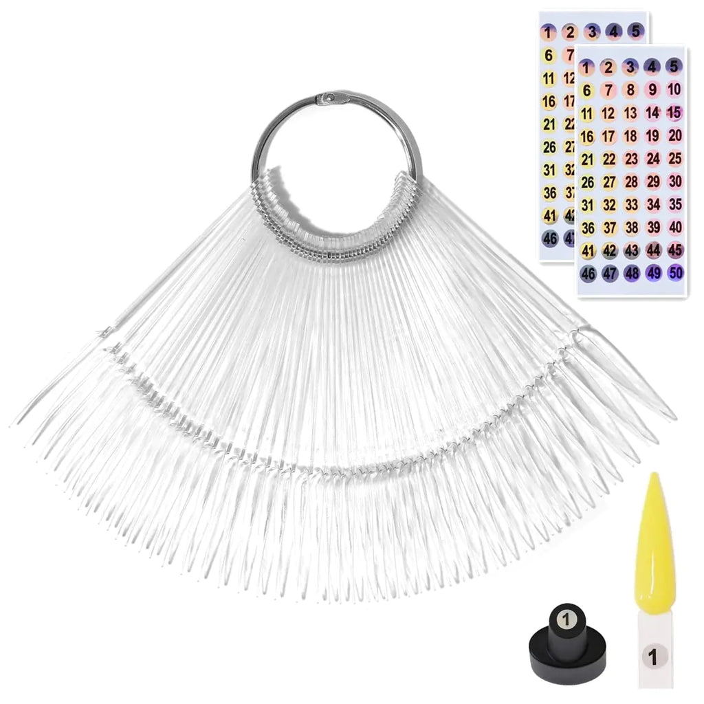 50pcs Nail Swatch Sticks with Number Stickers Nail Color Display Stiletto Tips Clear Nail Sample Sticks with Ring Practice Nail Tips Nail Supplies for Nail Techs Professional Nail Salon